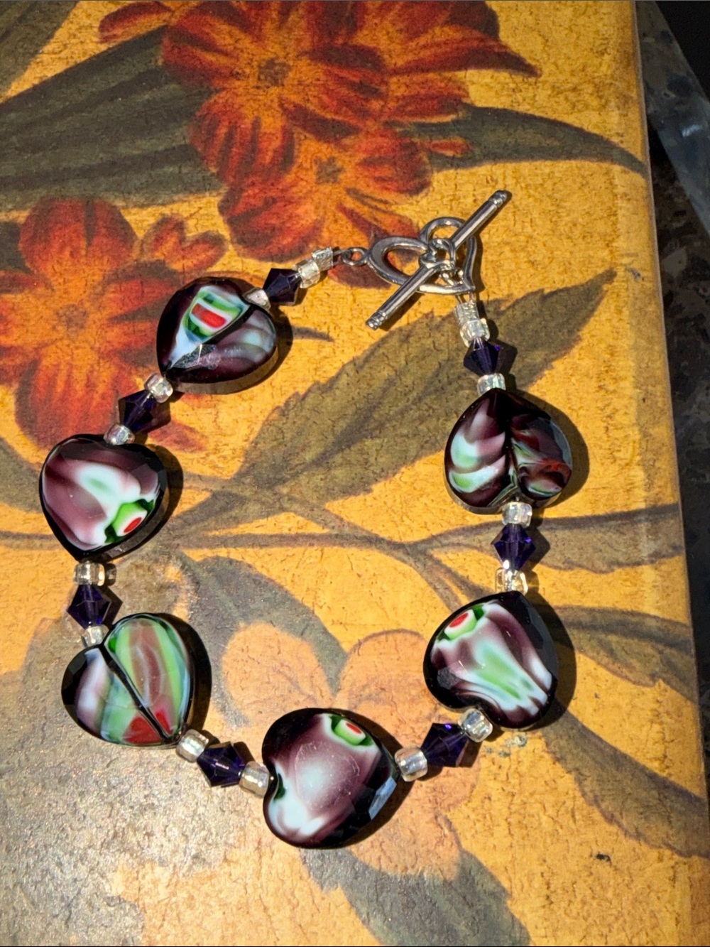 Artist made Purple Floral Glass Heart Bracelet Sterling Silver heart toggle
